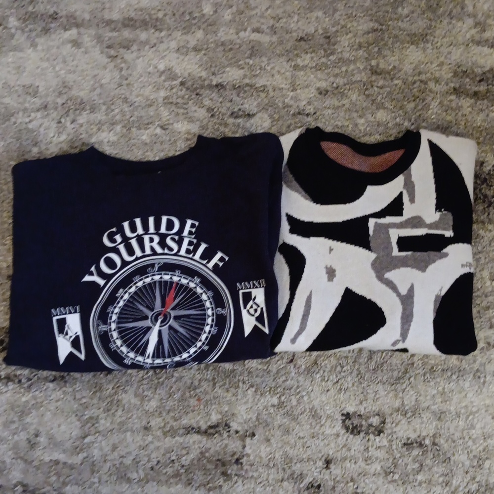 2 sweater deal. Orisue & Shein brand size (XL mens).. navy/orange/blk/,gray/whte